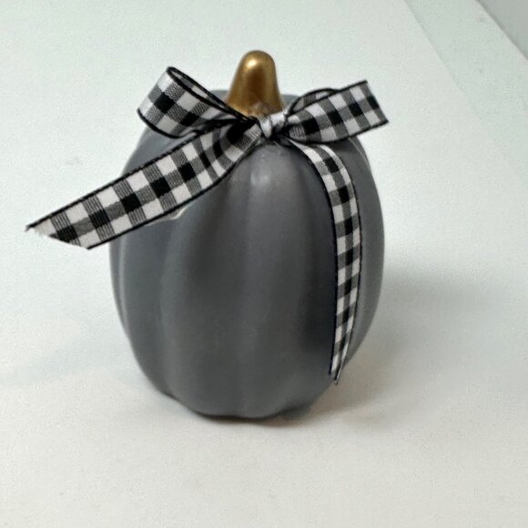 Fall Mini Pumpkins Set Orange Gray Teal with Gingham Bow Farmhouse Tiered Tray - Picture 3 of 11